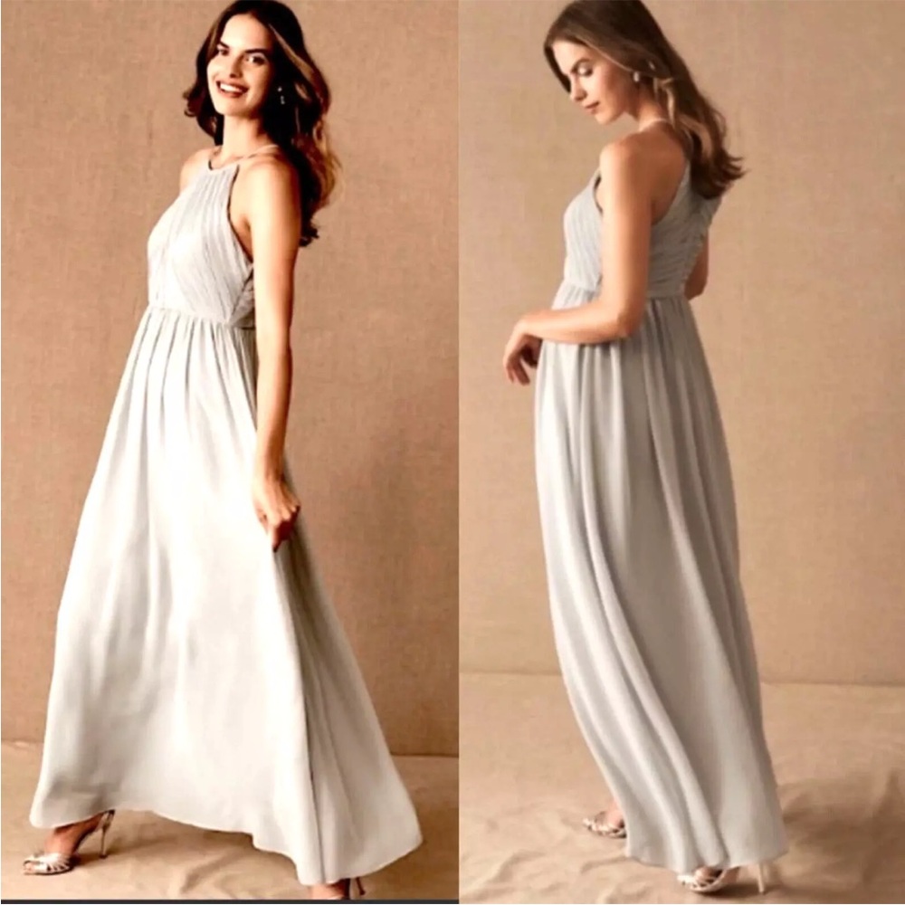 BHLDN Womens Madrie Fog Gray Bridesmaid Gown Chiffon Pintuck Halter Maxi Dress